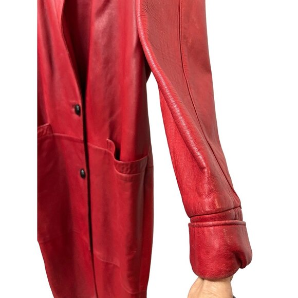 Vintage Bruno Ricci Red Leather Long Button-Up Coat With Pockets Womens M Made I - Picture 6 of 13